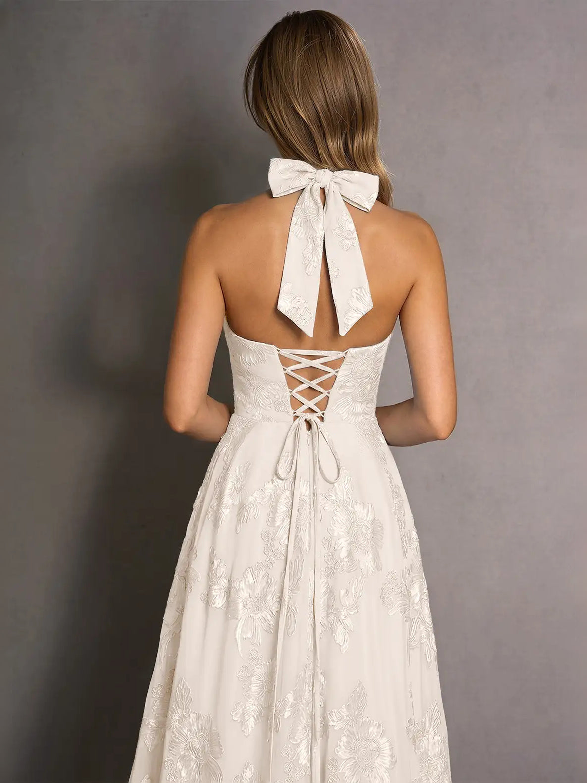Ivory open-back floral lace midi prom dress with crisscross lace-up detail