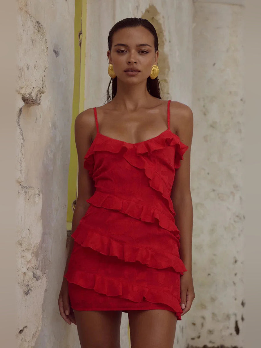 Red ruffled mini dress with spaghetti straps and tiered ruffle layers
