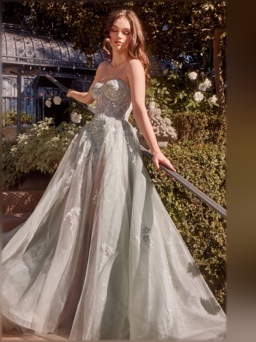 Silver strapless corset formal dress with sweetheart bodice and floor-length tulle skirt