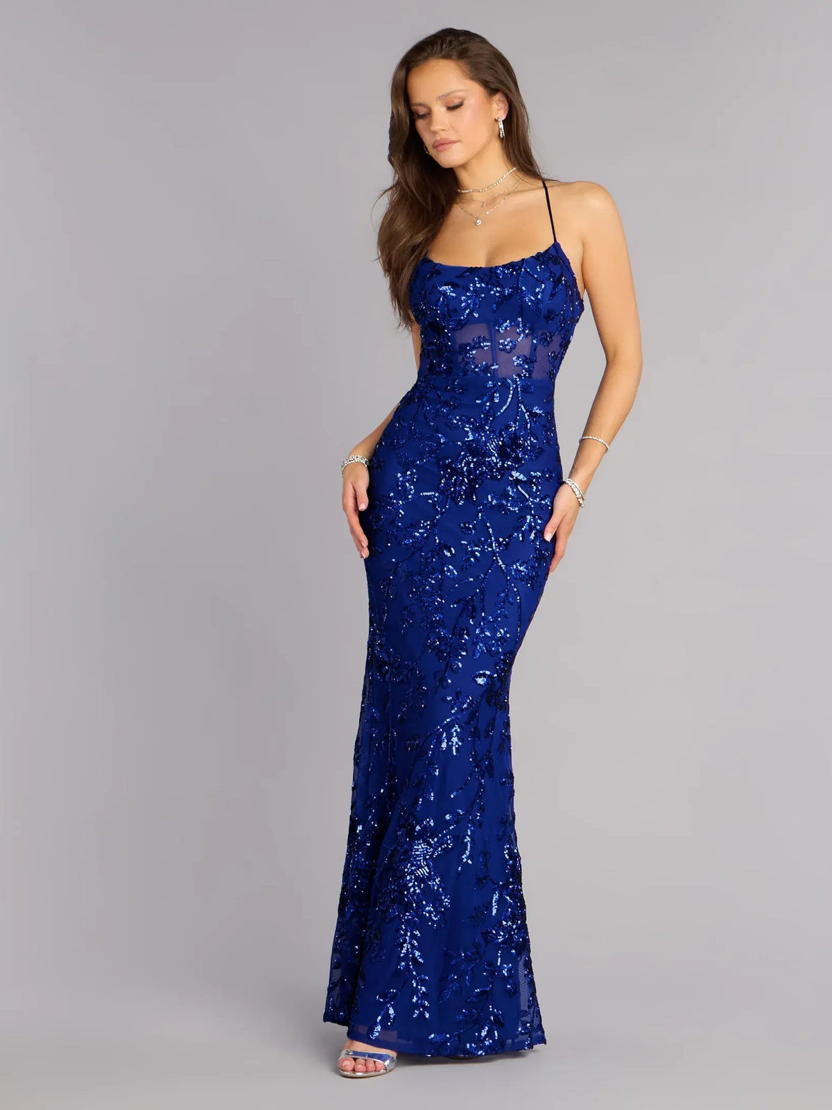 Royal blue sequin mermaid formal dress with spaghetti straps, front view