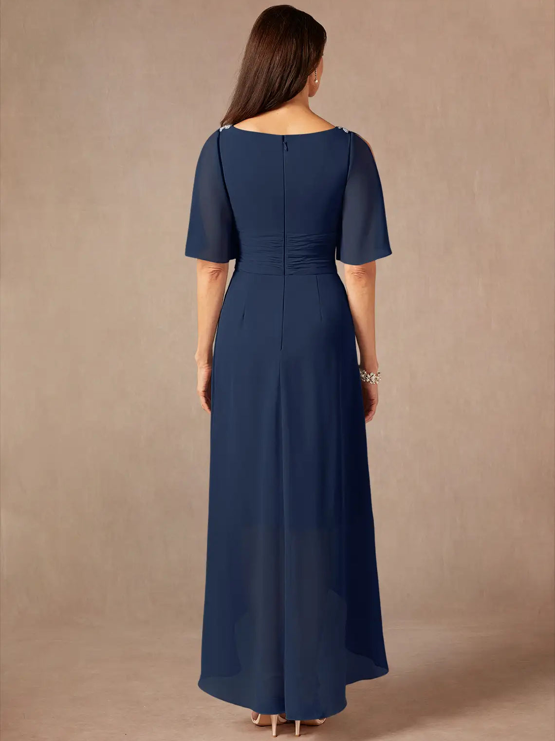 Dark navy chiffon midi mother-of-the-bride dress back view, short flutter sleeves