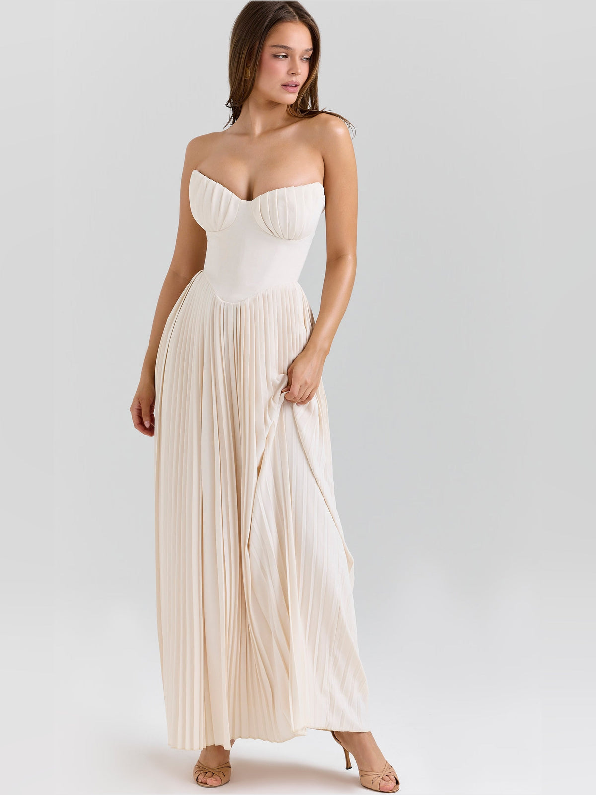 Ivory pleated spaghetti strap maxi dress, fitted sweetheart bodice