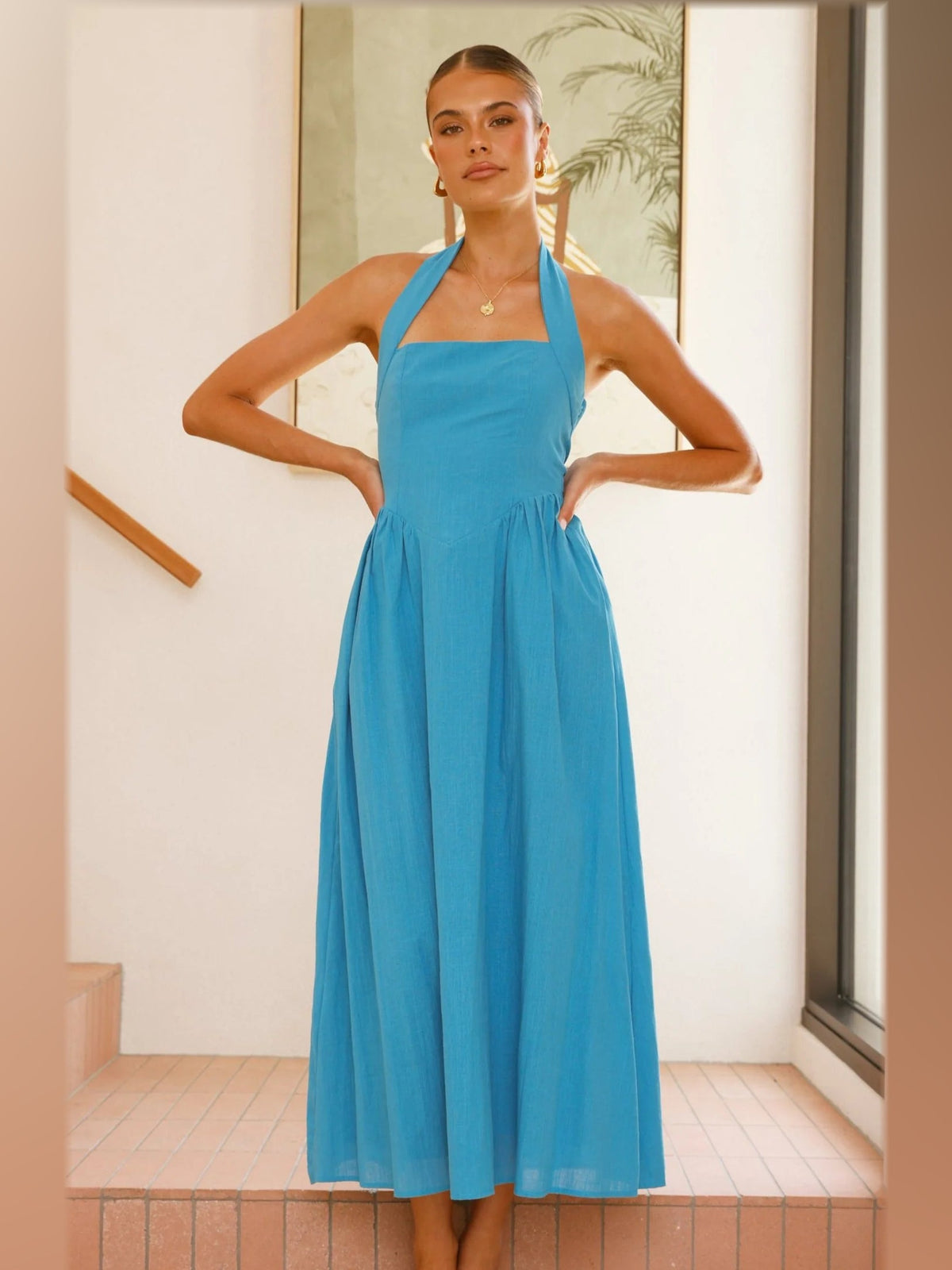 Blue midi formal dress, alternate full-length view showing the overall shape