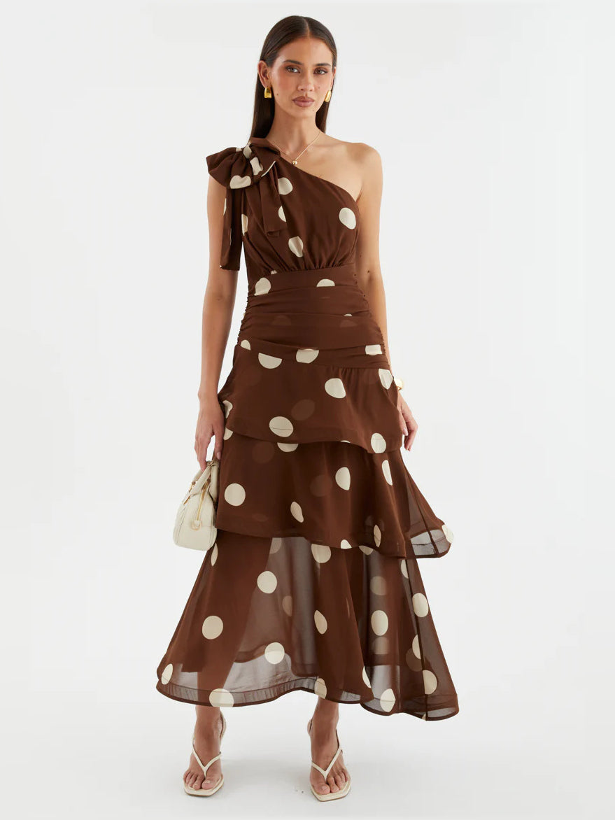 Ivory Black Polka Dot a-line maxi formal dress with ruffle details, alternate full-length view showing the hem