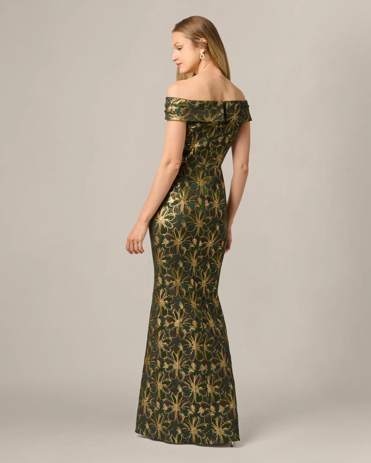 Off-shoulder A-line maxi dress in dark olive gold floral print, short flutter sleeves