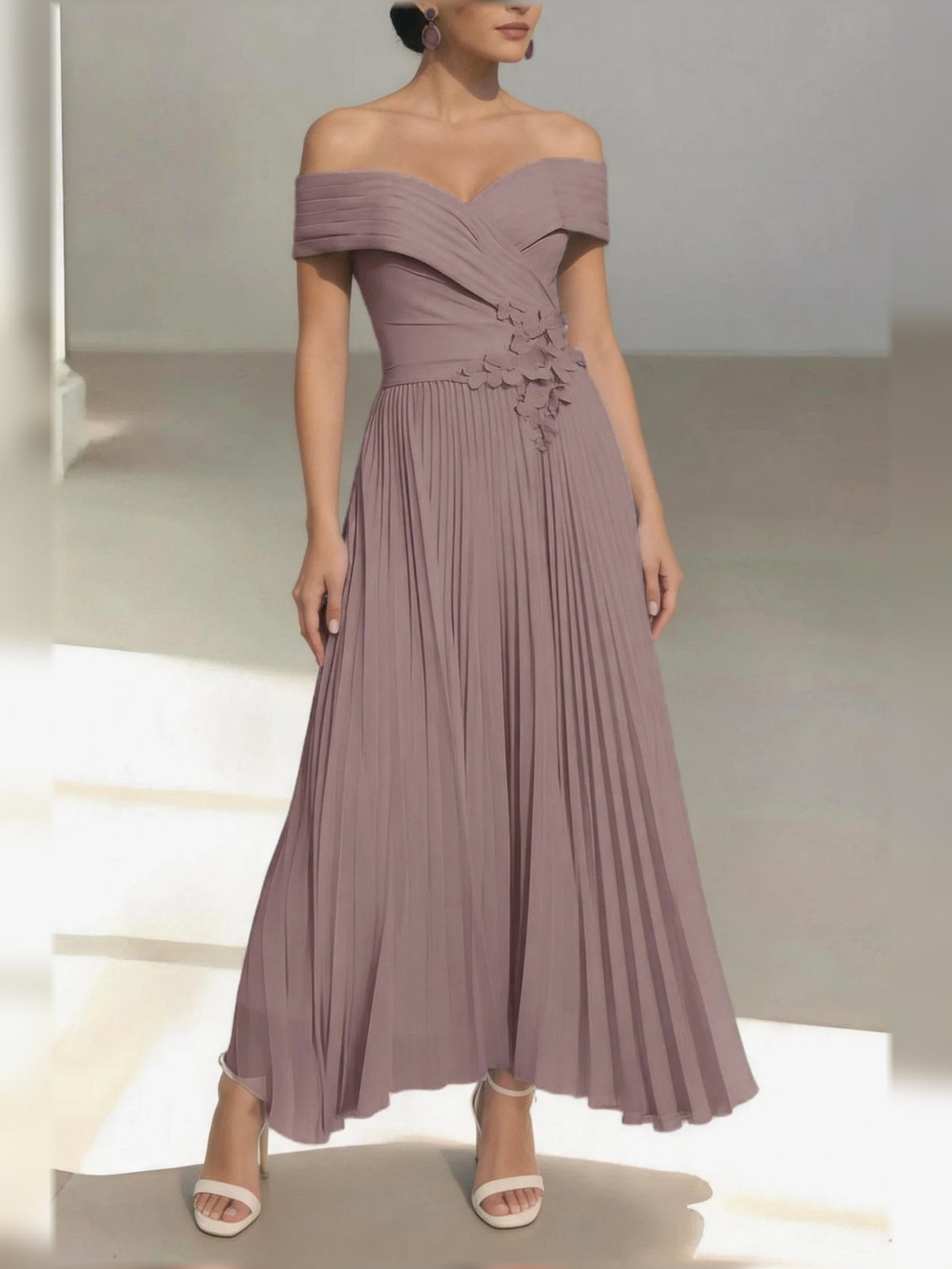 Mauve one-shoulder A-line satin midi dress with ruched bodice and pleated skirt
