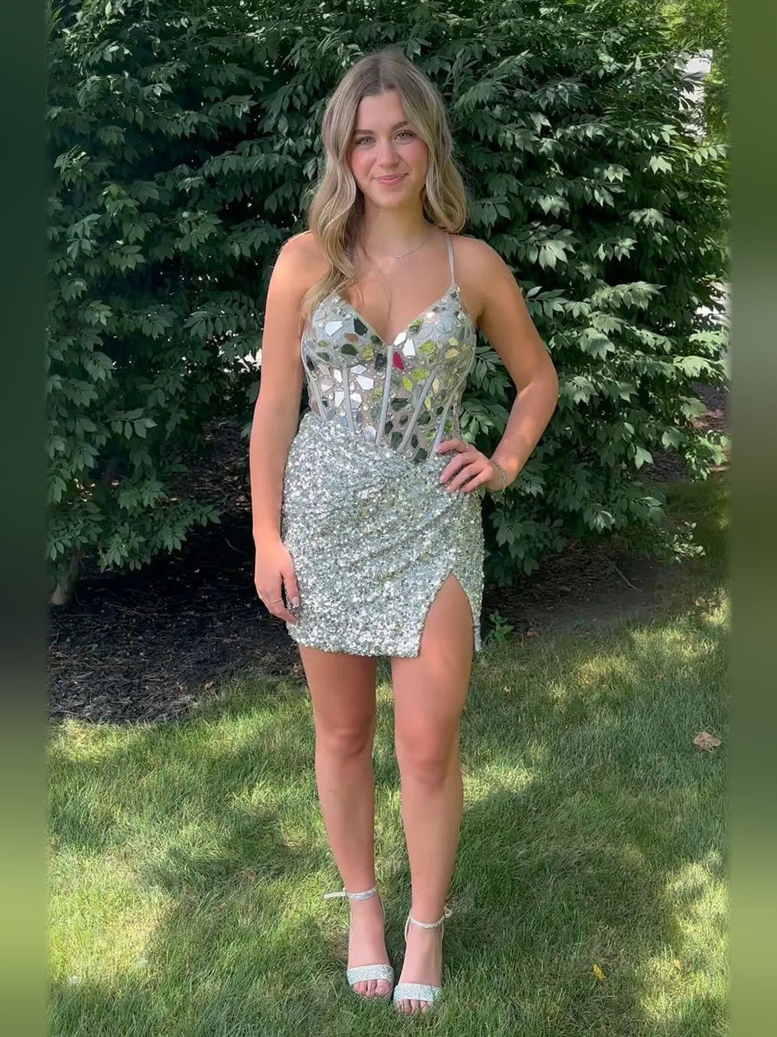Silver sequin corset V-neck bodycon mini dress with spaghetti straps