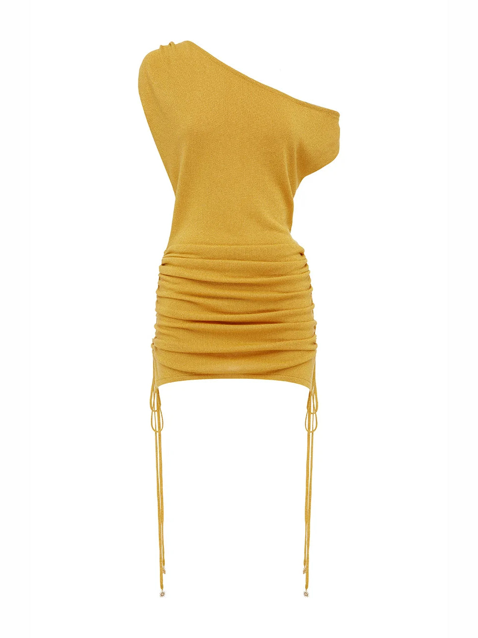 Mango one-shoulder mini dress on mannequin, ruched skirt and draped neckline with ties
