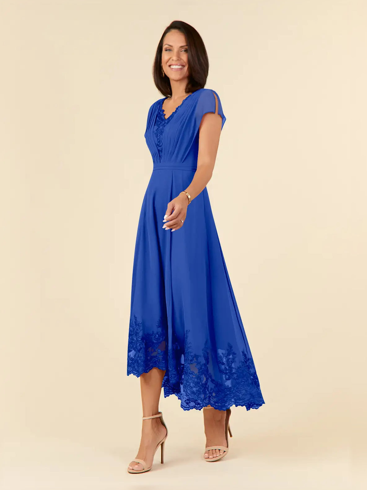 Royal blue cap-sleeve A-line midi chiffon dress with pleated bodice and lace hem