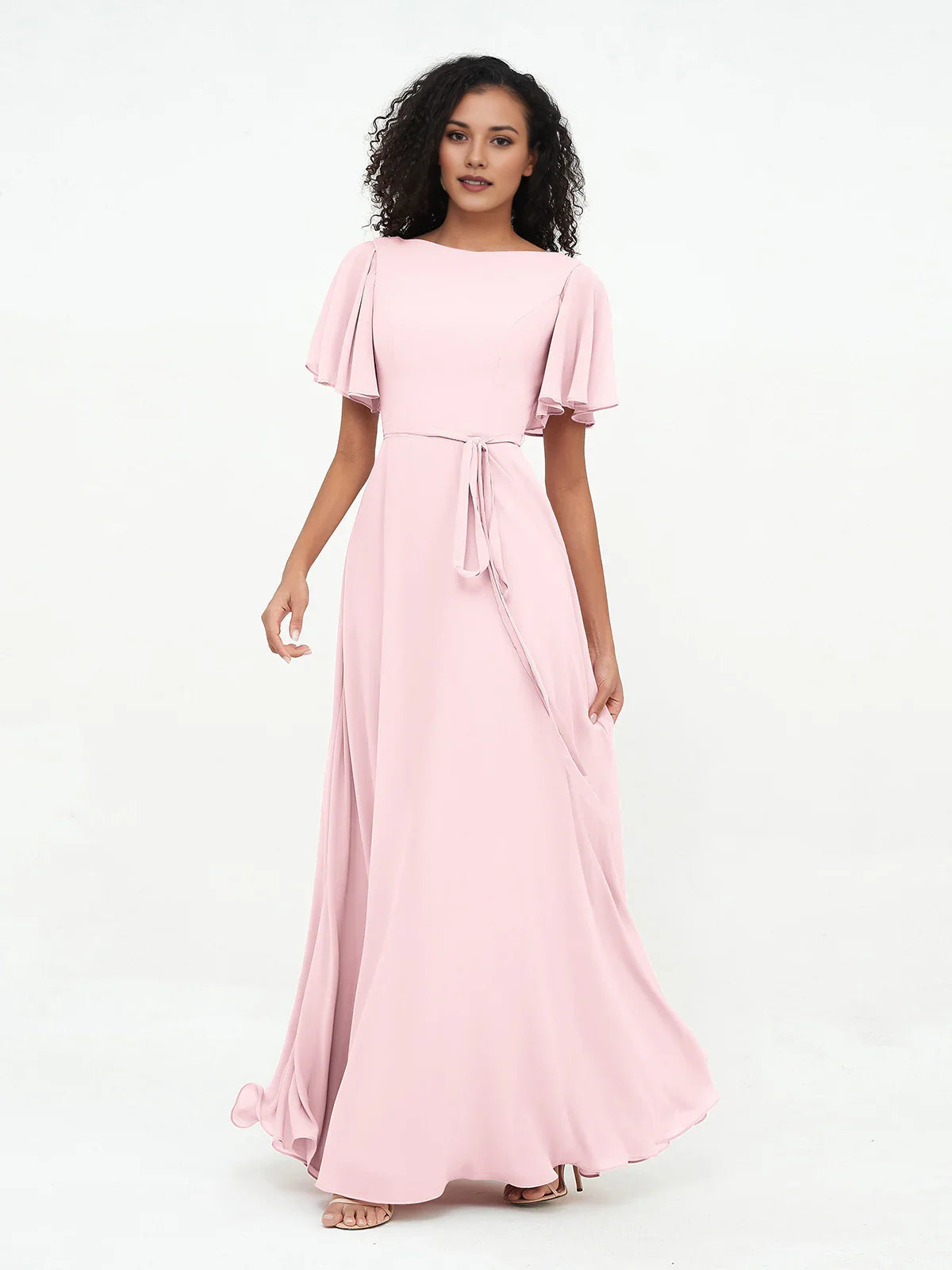 Pink boat-neck A-line maxi chiffon bridesmaid dress with sash-tie belt