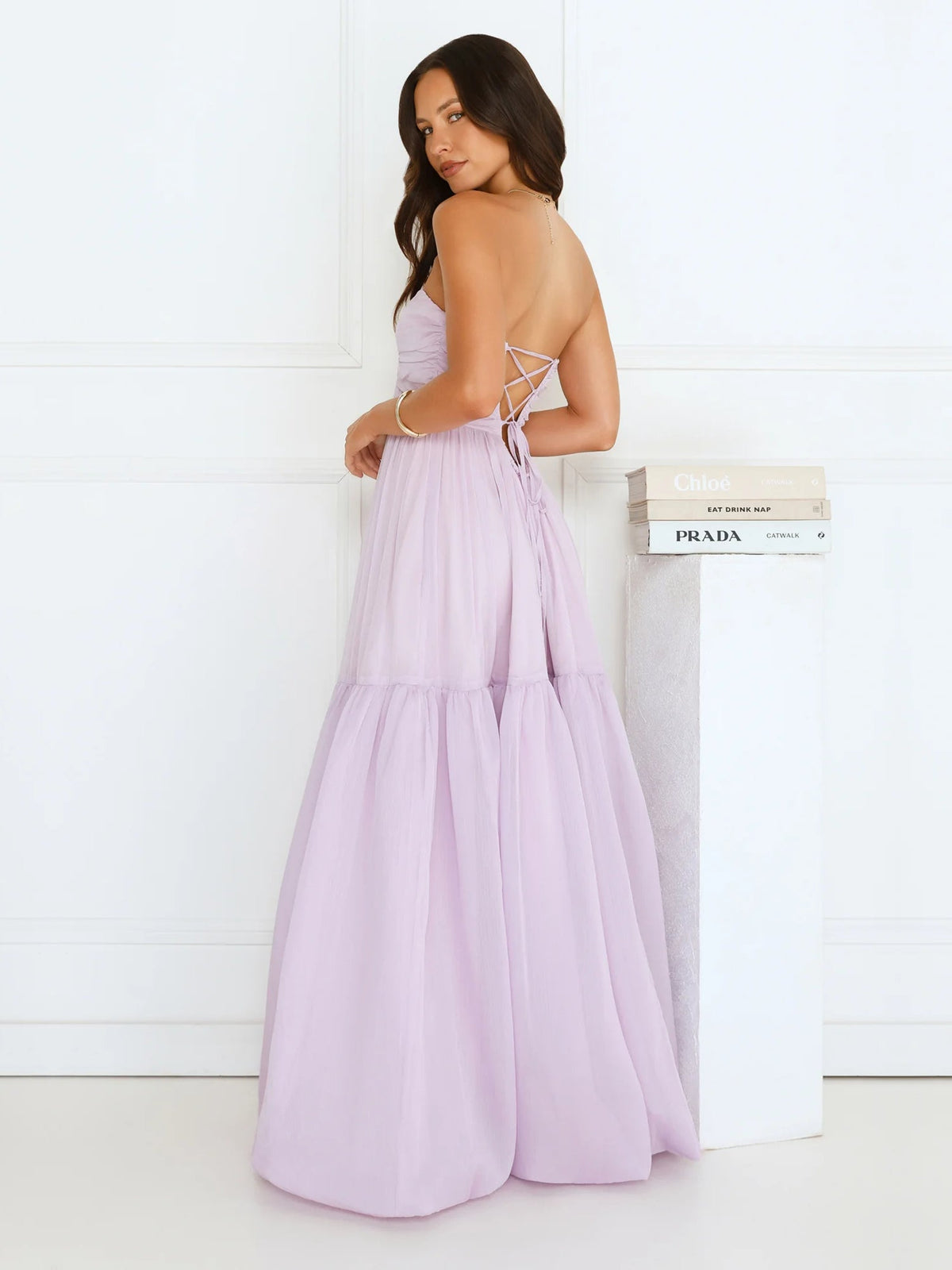 Lilac a-line maxi formal dress with tiered skirt, alternate view showing the hem