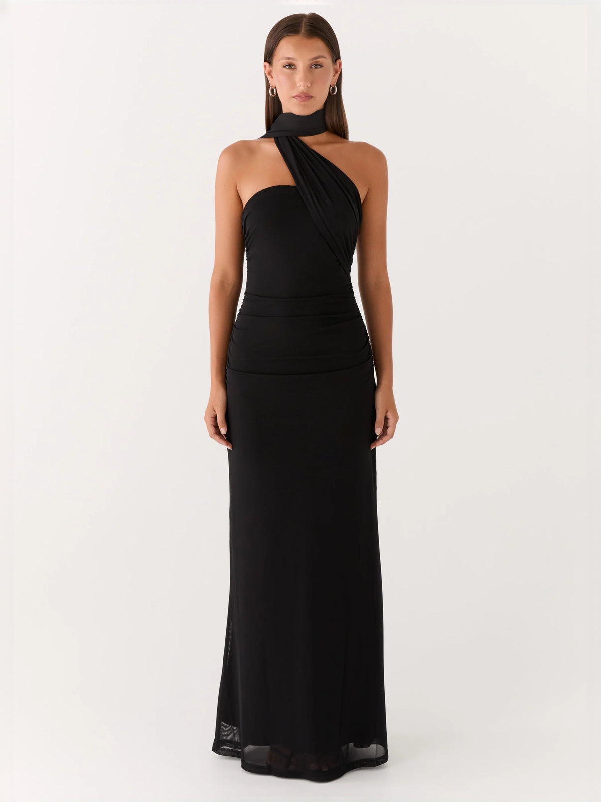 Black sheath maxi formal dress with ruching, alternate full-length view showing the hem