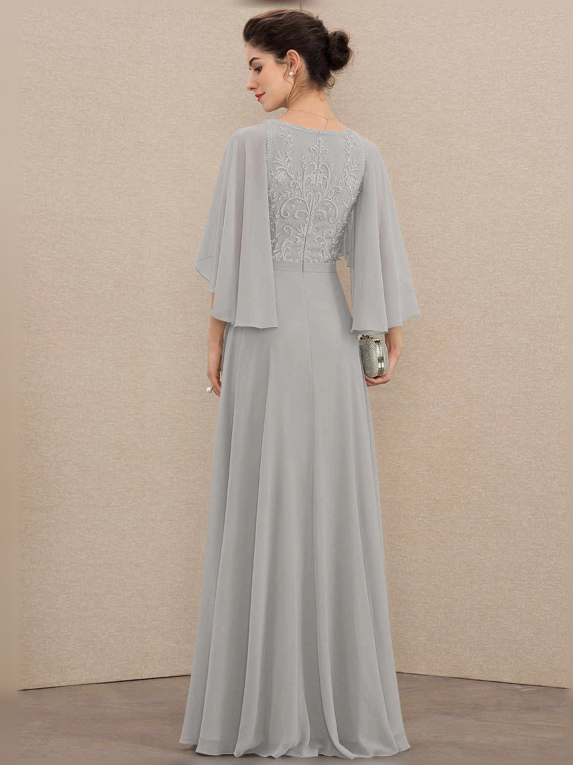 Embroidered V-neck A-line chiffon mother-of-the-bride dress in light gray, back view