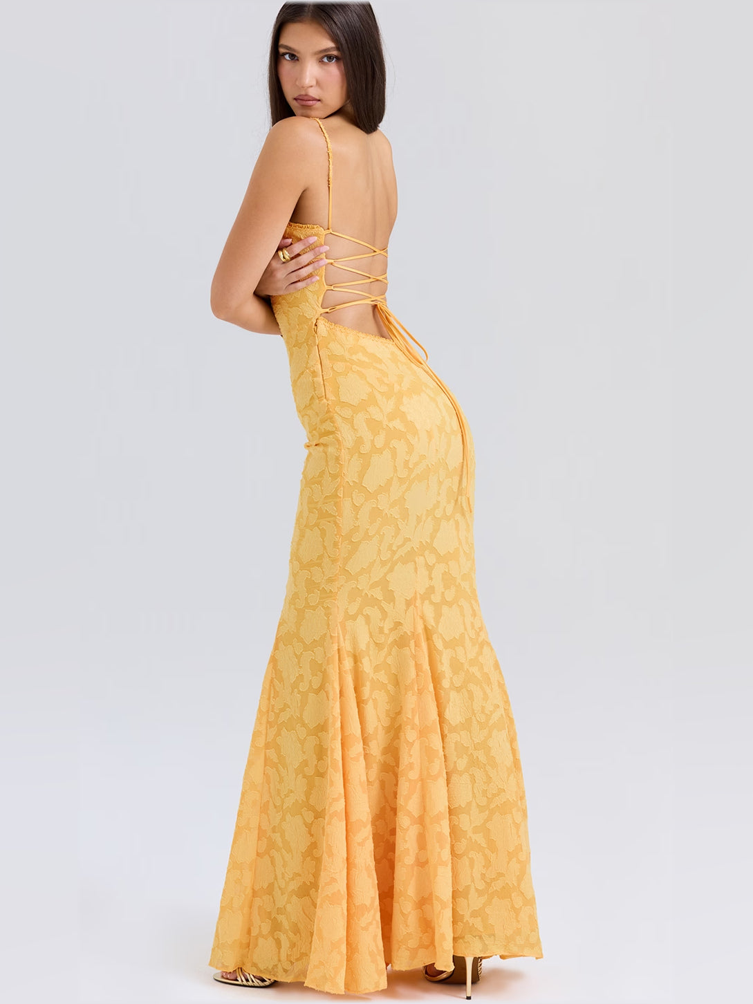 Apricot mermaid maxi formal dress with embroidery, alternate full-length view showing the hem