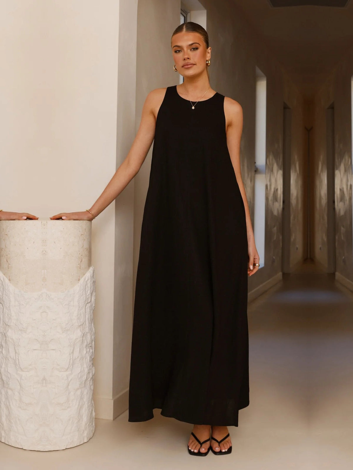 Black a-line maxi formal dress with a-line, alternate view showing the hem