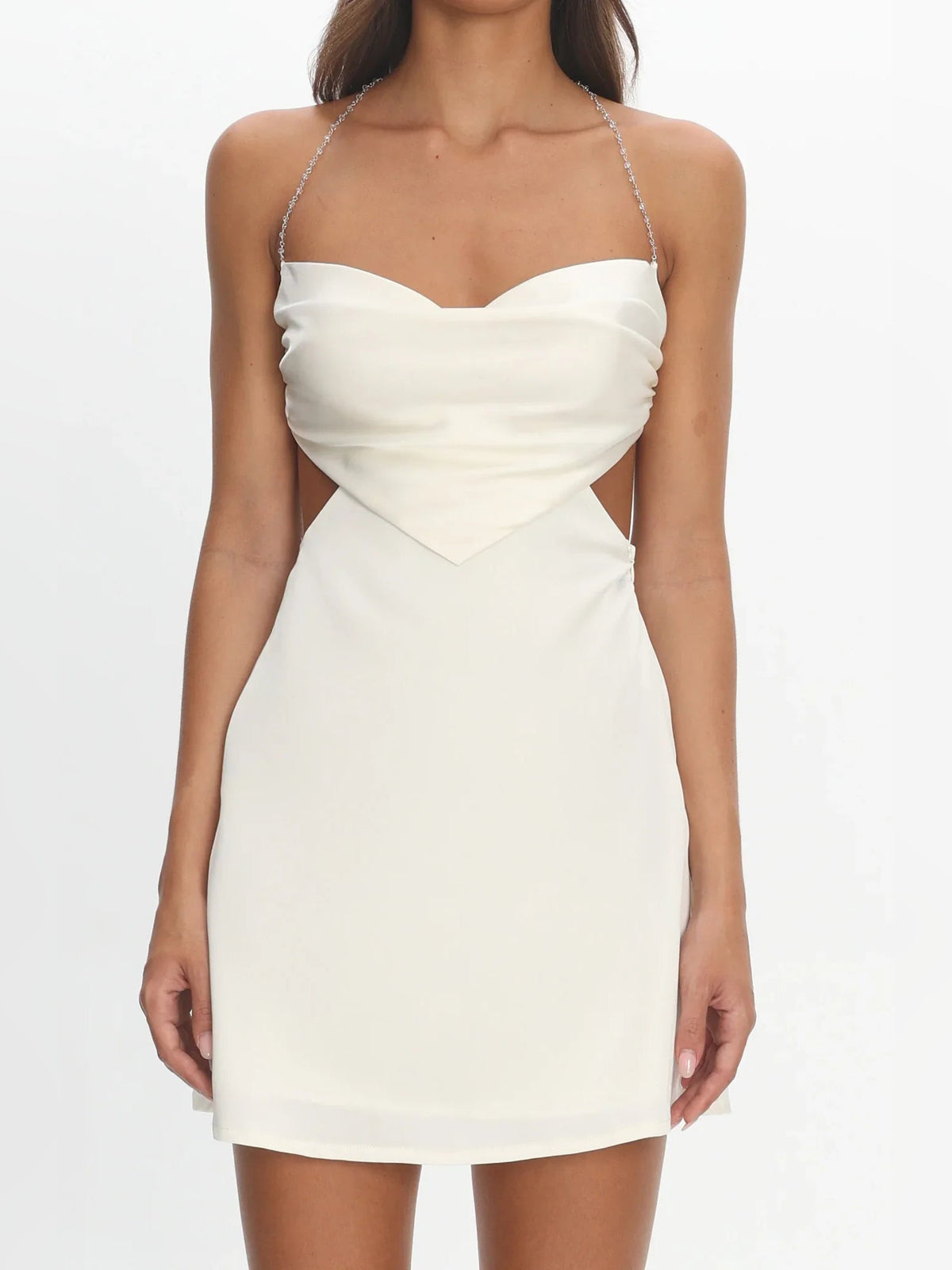 Ivory satin mini dress with sweetheart neckline and draped cut-out bodice