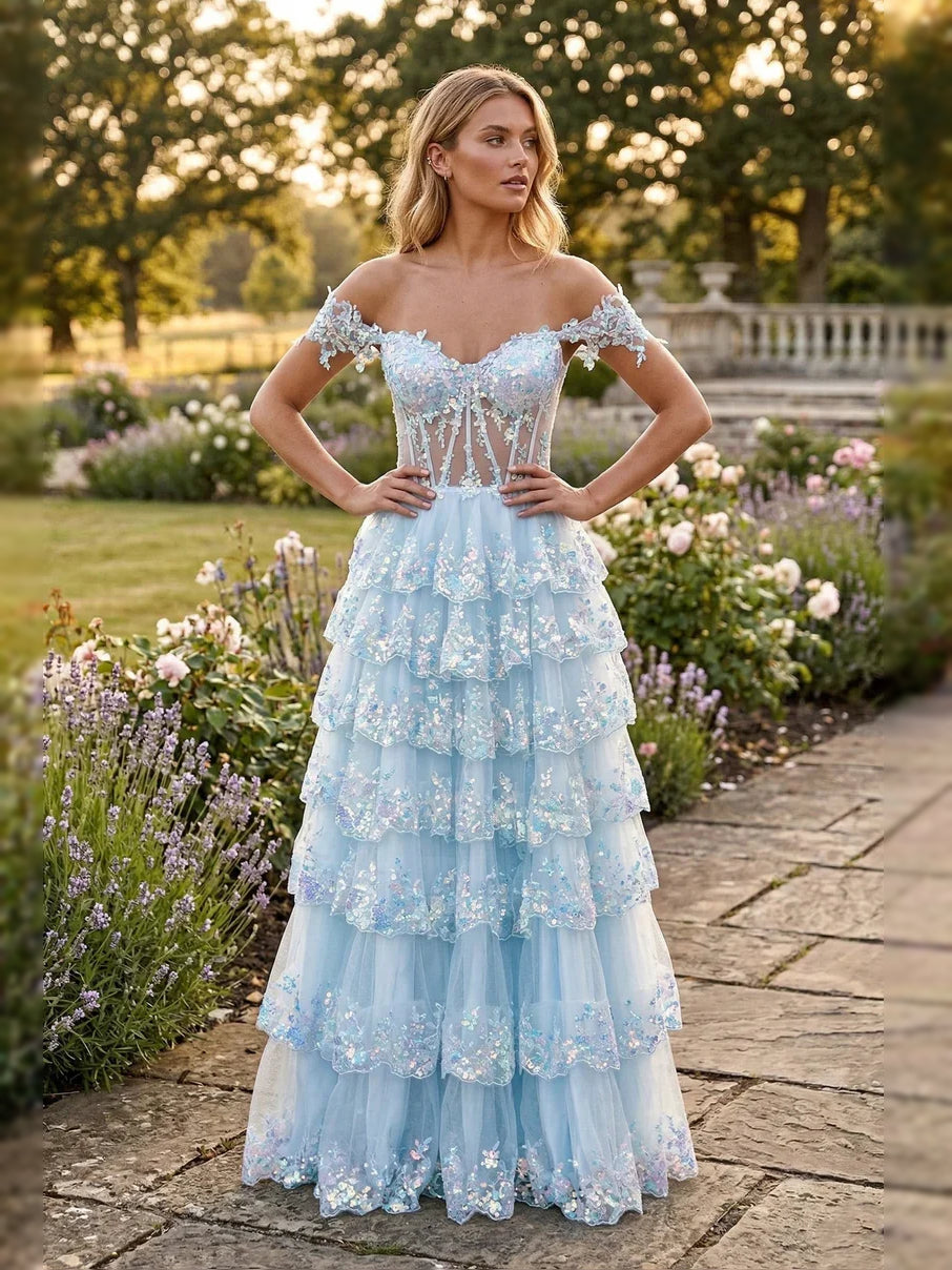 Light blue tiered off-shoulder corset maxi tulle prom dress with sheer boning