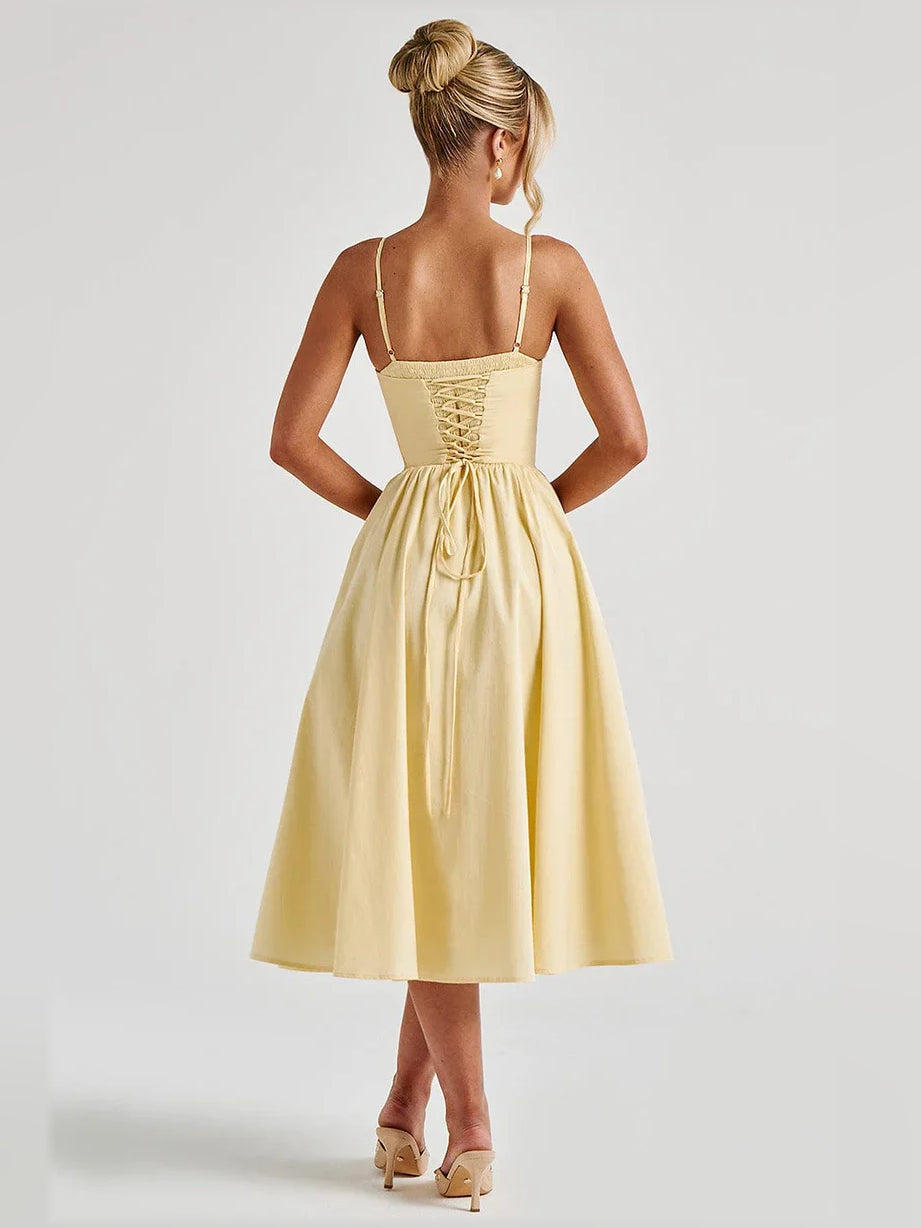 Lemon sweetheart corset A-line tea-length formal dress with spaghetti straps (back view)