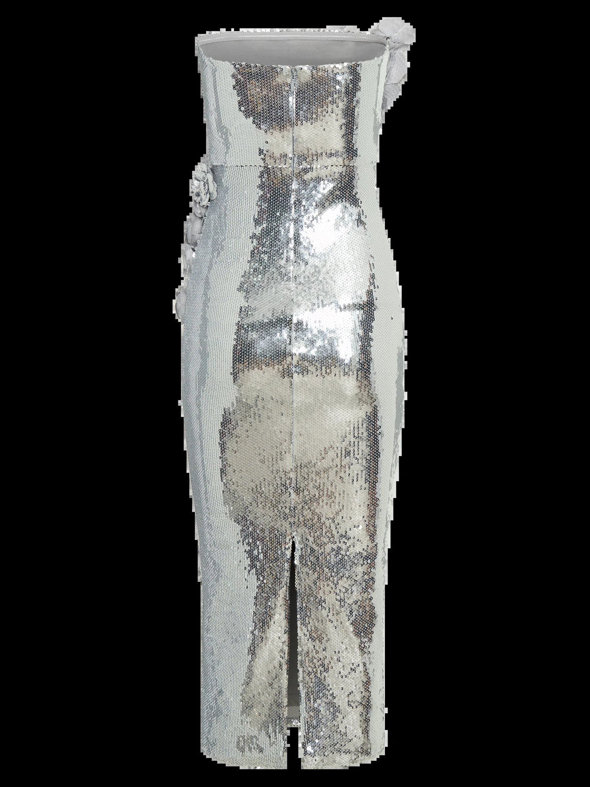 Silver strapless sequin midi dress, straight neckline and column shape