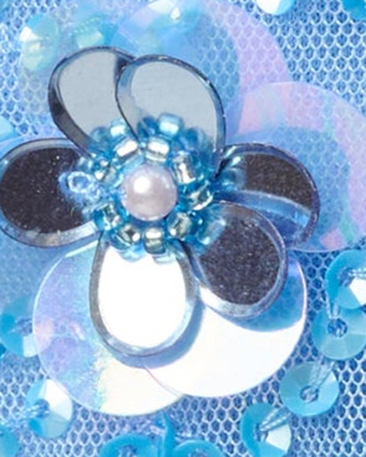Light blue floral sequin detail with metallic petals and pearl-like center on mesh