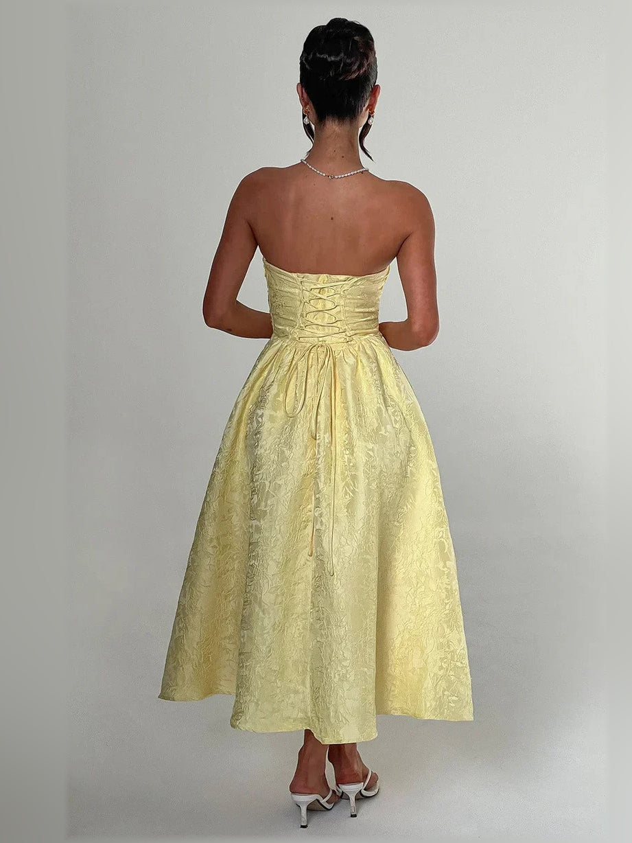 Lemon yellow strapless corset midi dress with ruched bodice and gathered skirt