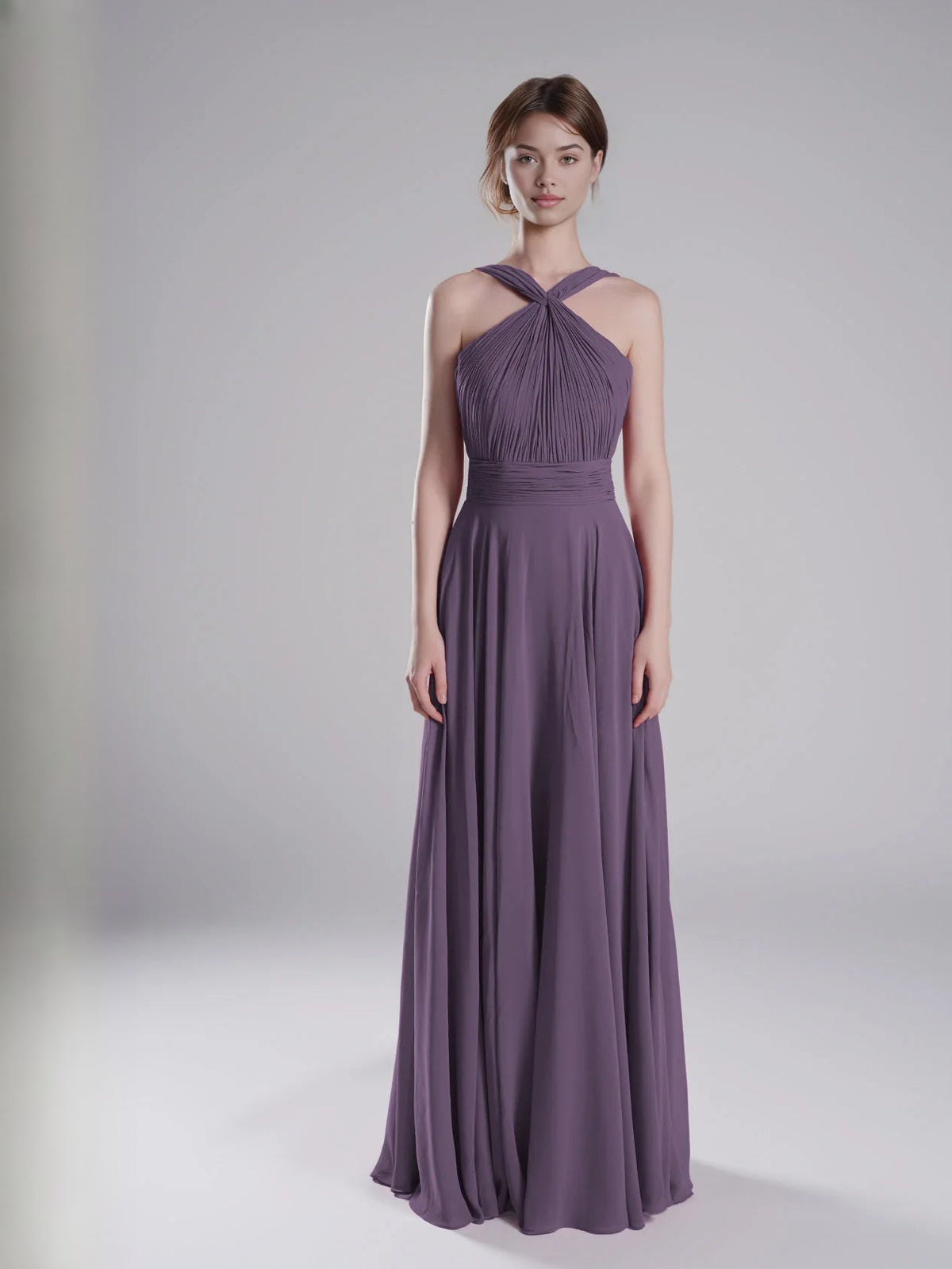 Purple halter A-line chiffon bridesmaid dress with ruched neckline and gathered waist
