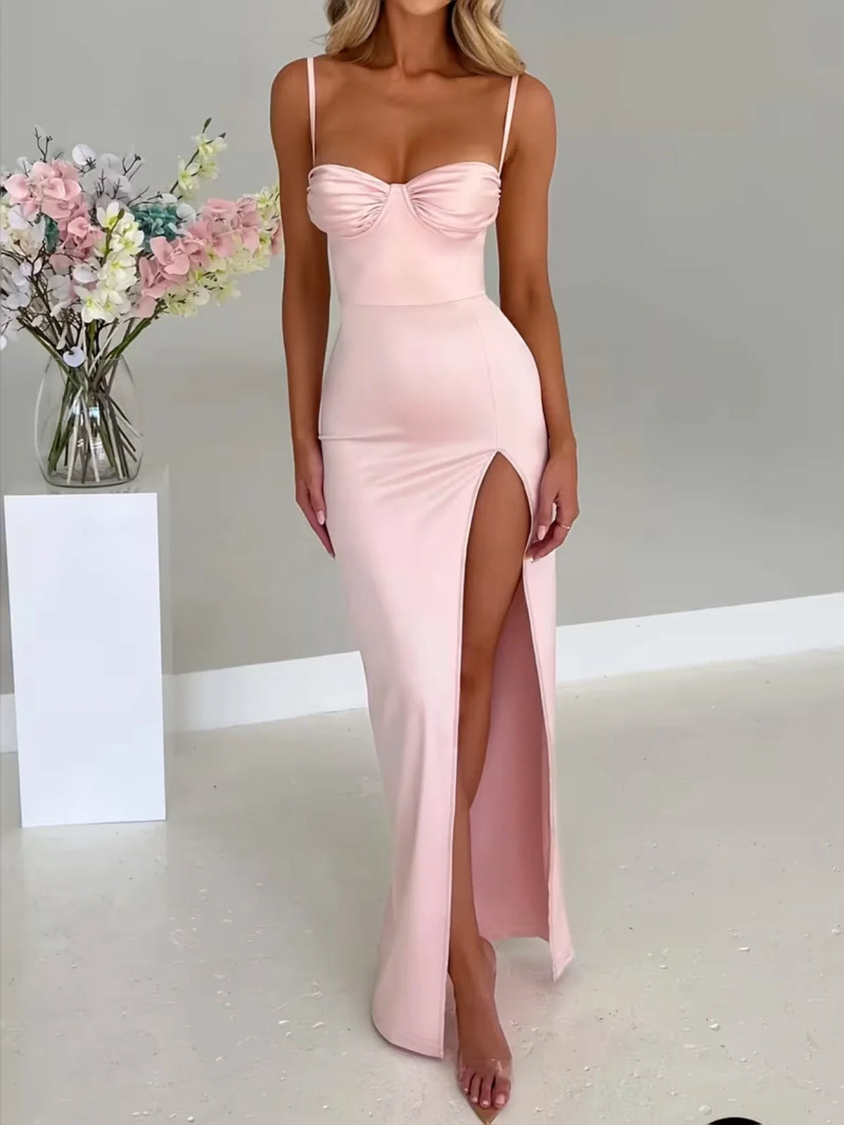 Blush pink satin sweetheart mermaid wedding dress with side slit and thin straps