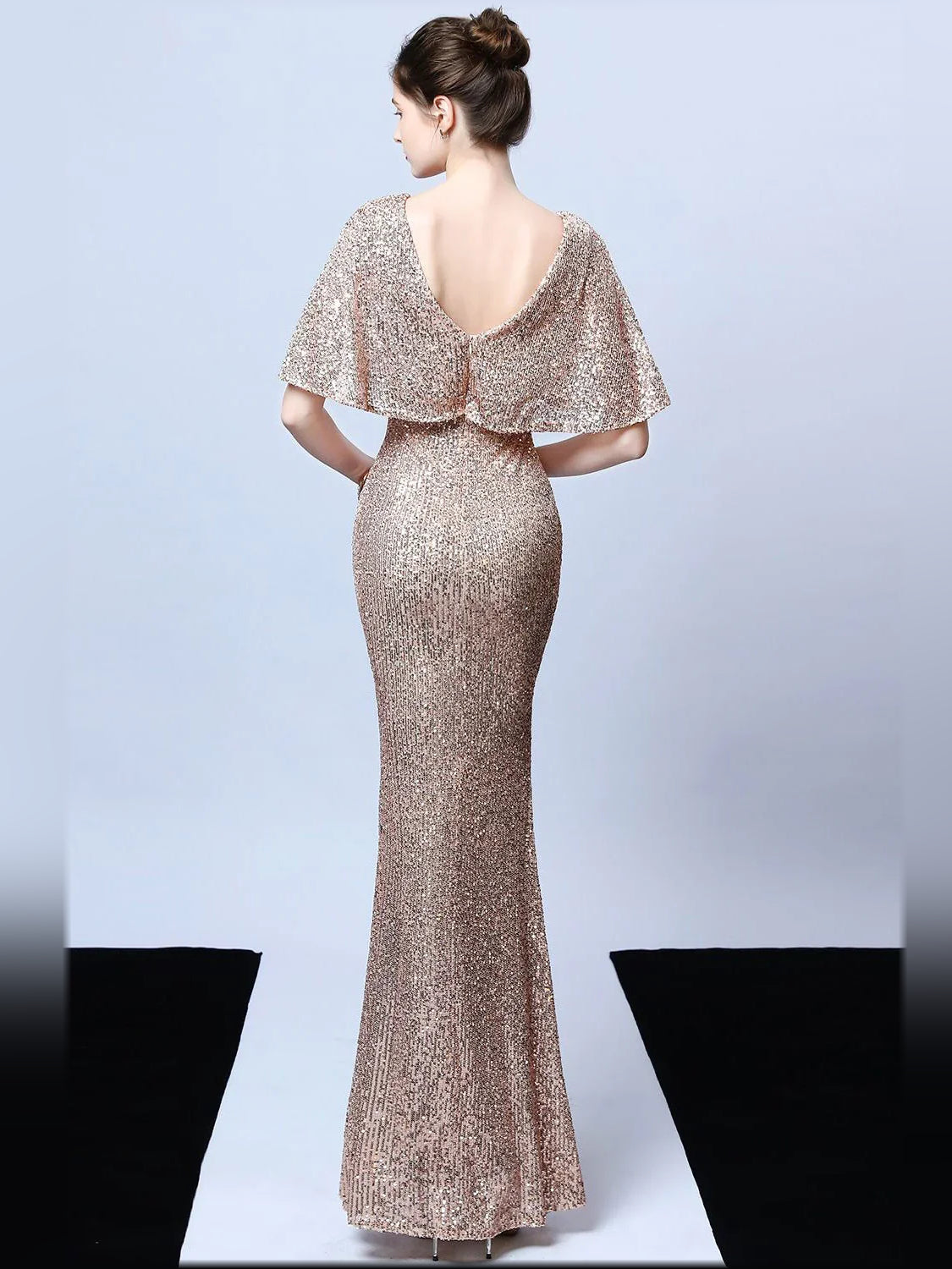 Champagne sequin mermaid formal dress with V-back and short flutter sleeves