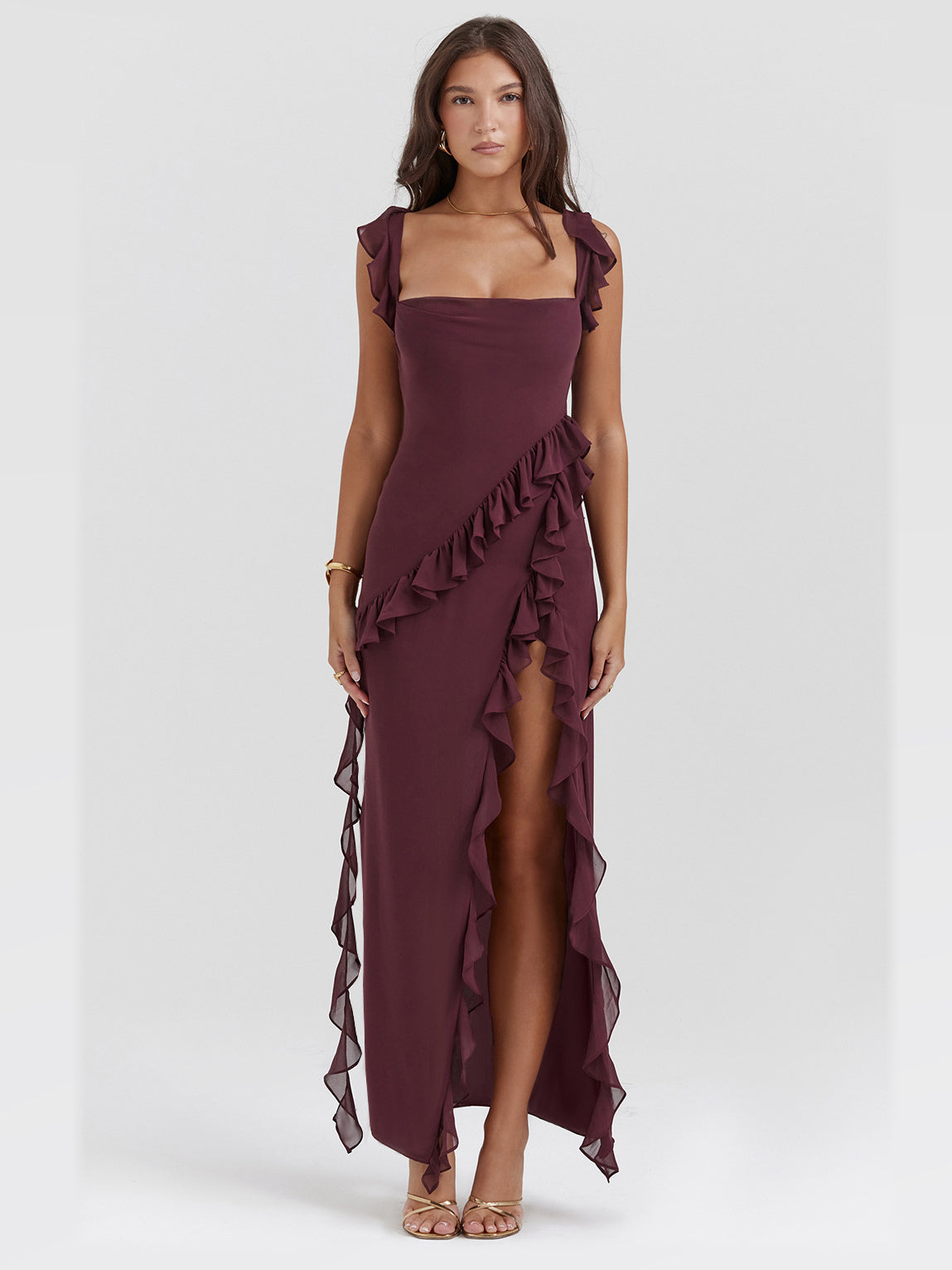 Burgundy maxi formal dress, alternate full-length view showing the overall shape