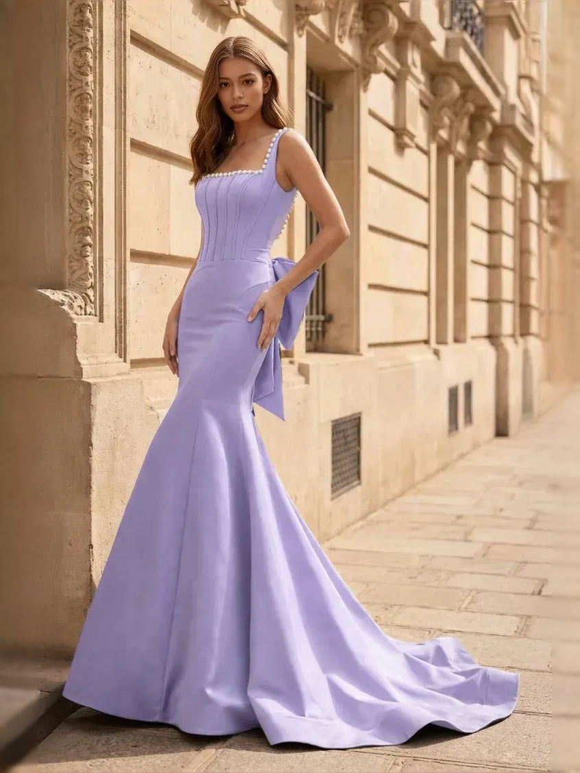 Lavender corset bow square-neck mermaid satin prom dress with pearl-trim straps
