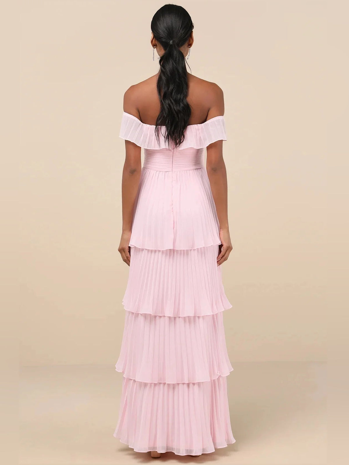 Off-shoulder tiered A-line maxi dress in light pink with backless off-shoulder ruffle