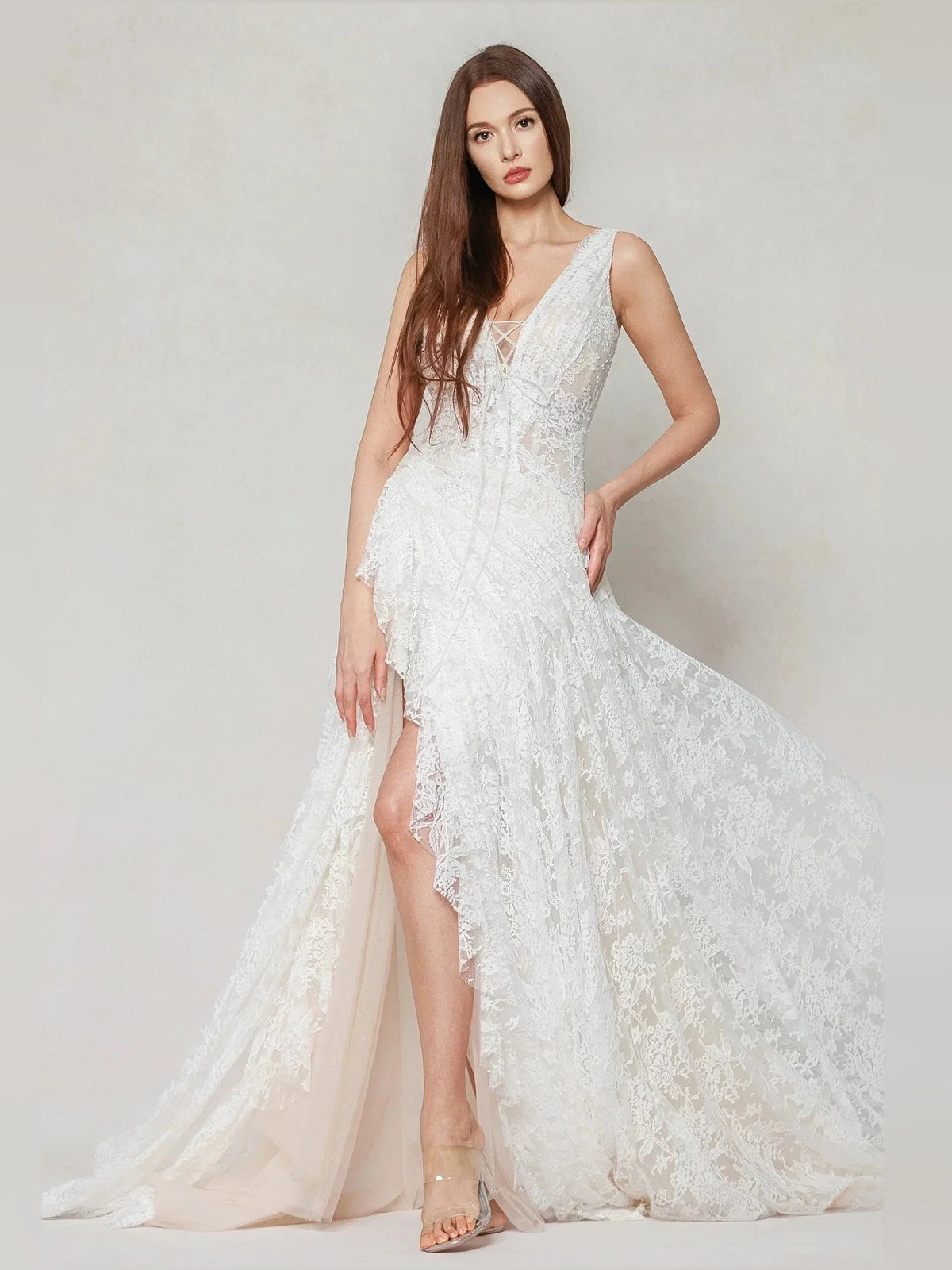 Ivory lace A-line wedding dress, V-neck, sleeveless bodice, front slit