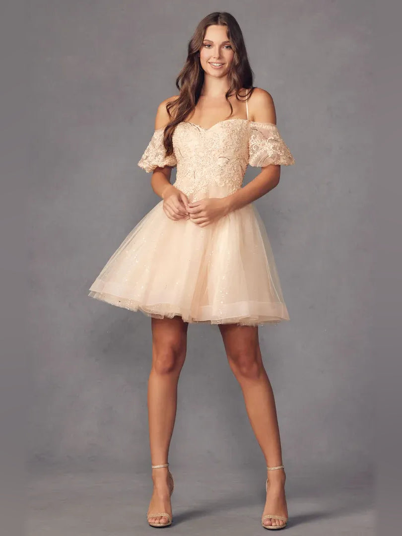 Champagne glitter sweetheart A-line short dress with off-shoulder lace sleeves