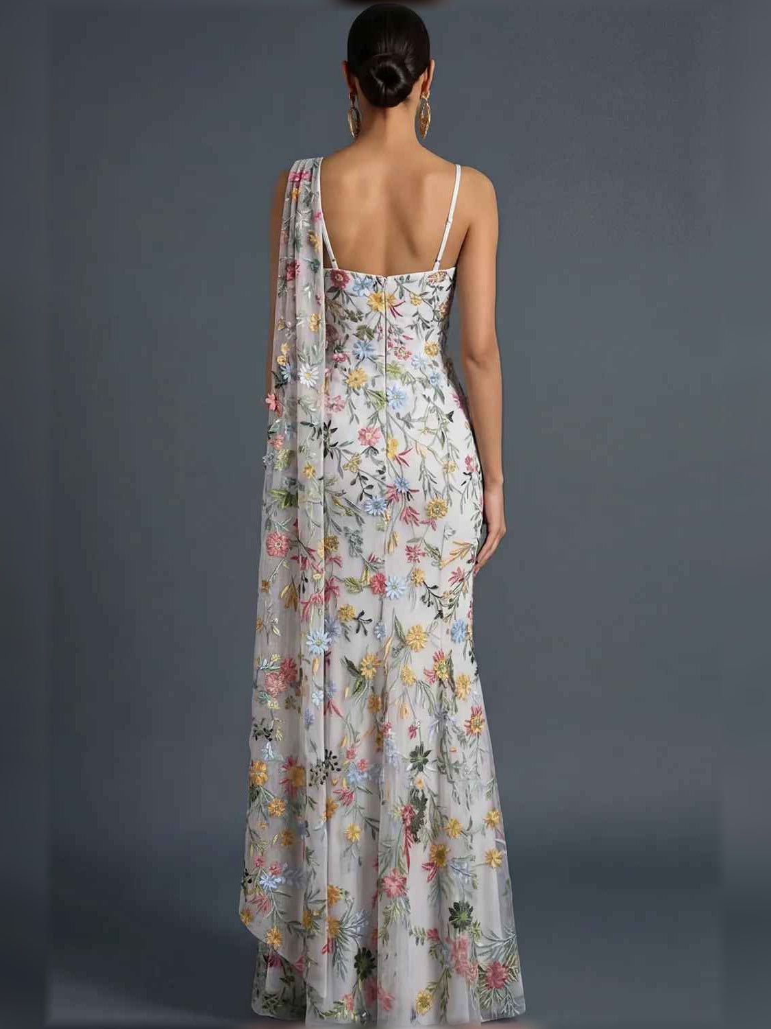 Floral print one-shoulder formal dress, open back, light blue base with scattered flowers