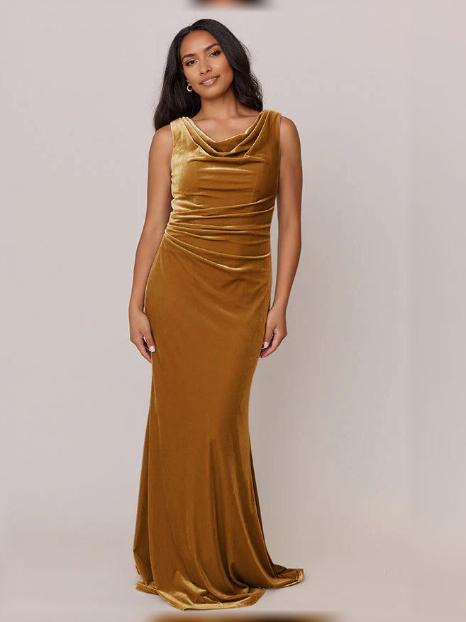 Bronze velvet mermaid bridesmaid dress with draped cowl neckline, sleeveless