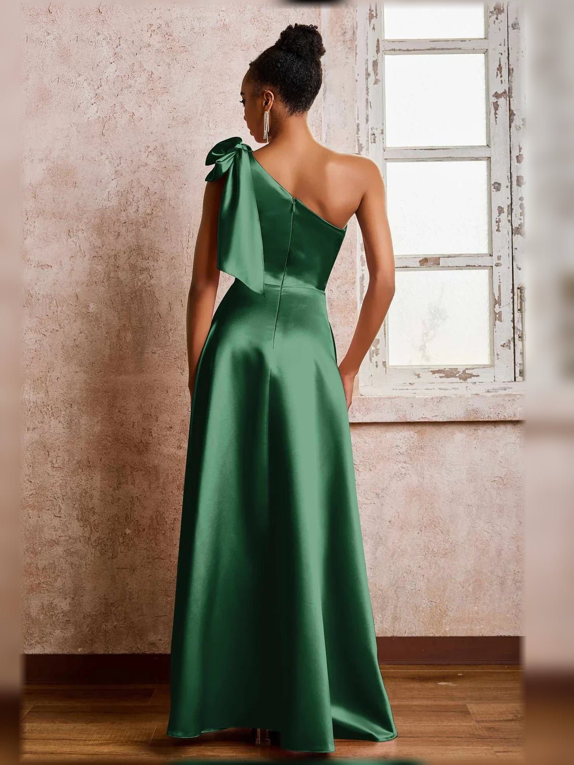 Dark green one-shoulder satin A-line formal dress with side slit and bow shoulder detail