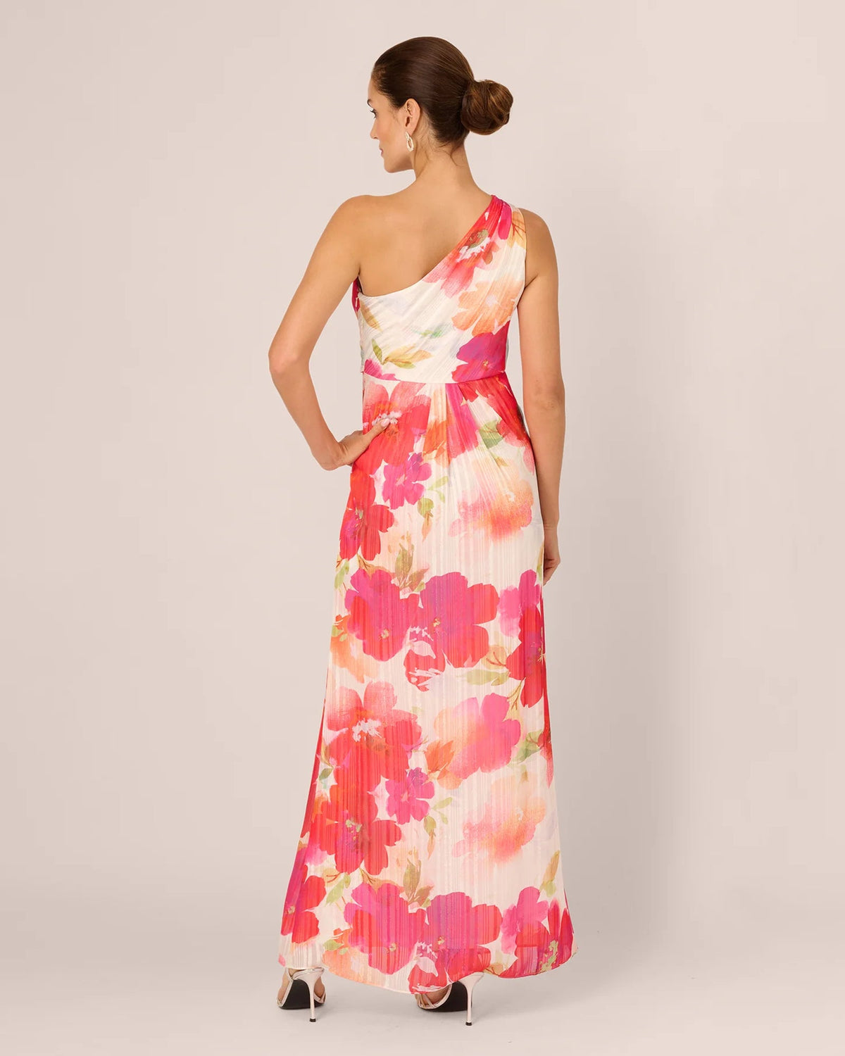 Back view of one-shoulder maxi dress, ivory with pink/red floral print