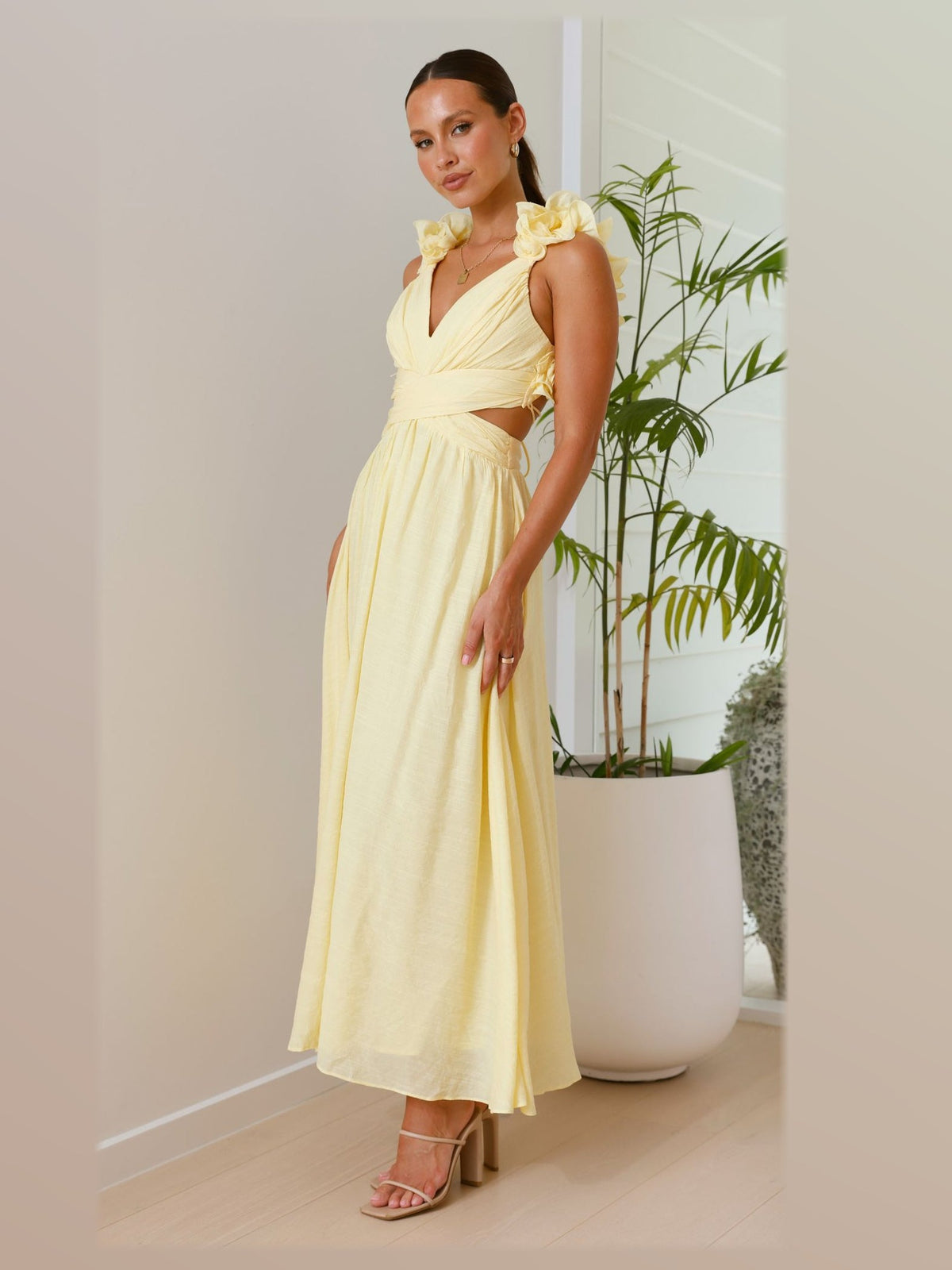 Yellow maxi formal dress, alternate full-length view showing the overall shape