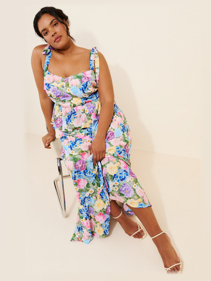 Pink Blue Floral Print maxi formal dress, alternate full-length view showing the overall shape