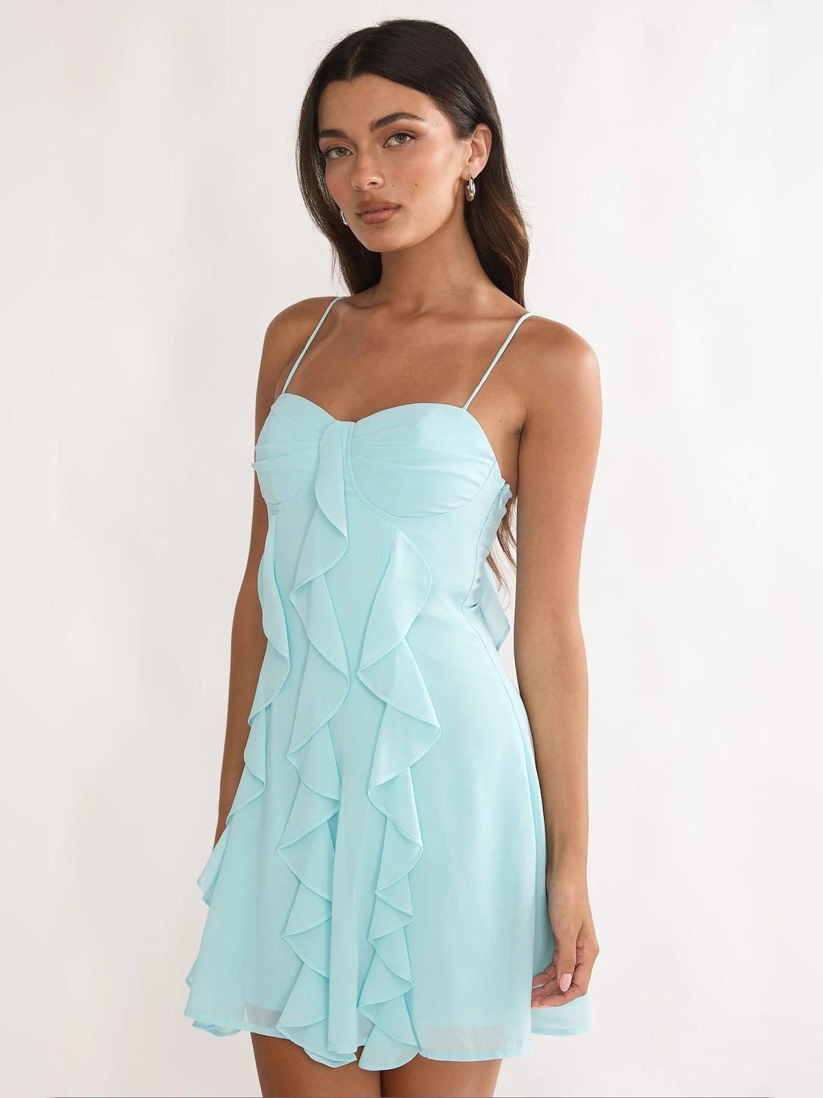 Aqua ruffled mini dress with spaghetti straps and sweetheart bodice, layered ruffle skirt