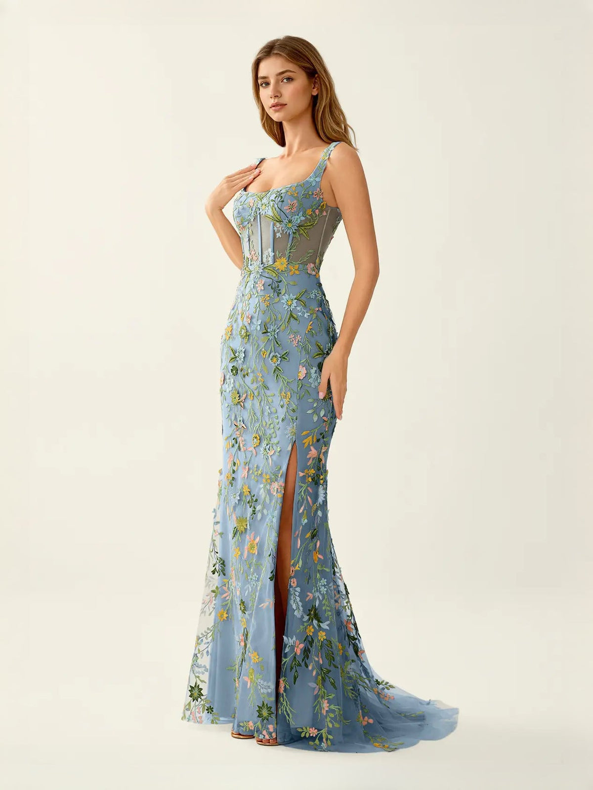 Dusty blue floral embroidered mermaid maxi tulle prom dress with side leg slit