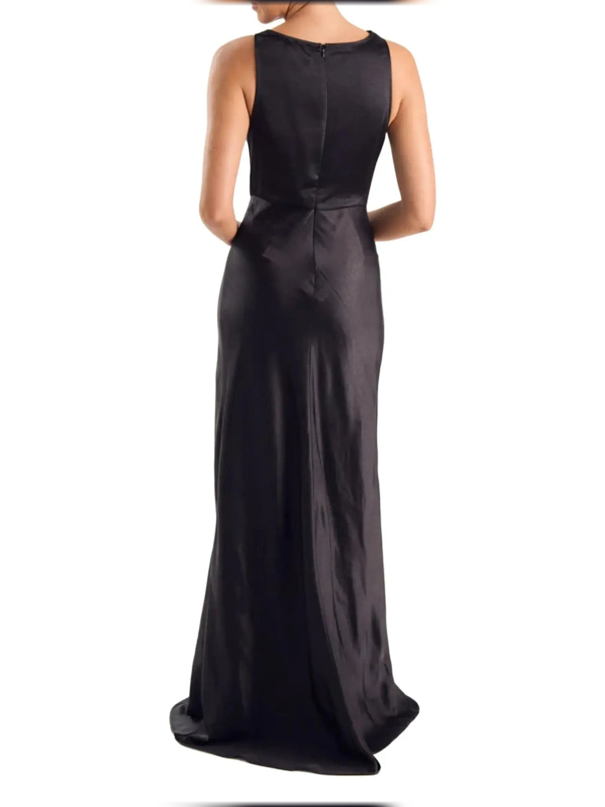 Black satin sheath dress, sleeveless back view, floor-length with smooth fit