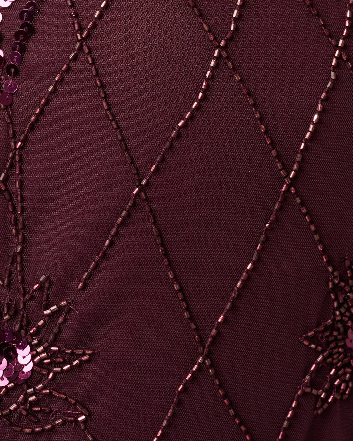 Night plum sequin mesh fabric with diamond stitching and floral bead accents