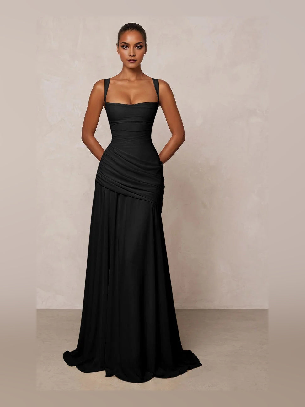 Black square-neck A-line prom dress with ruched bodice and flowing chiffon skirt