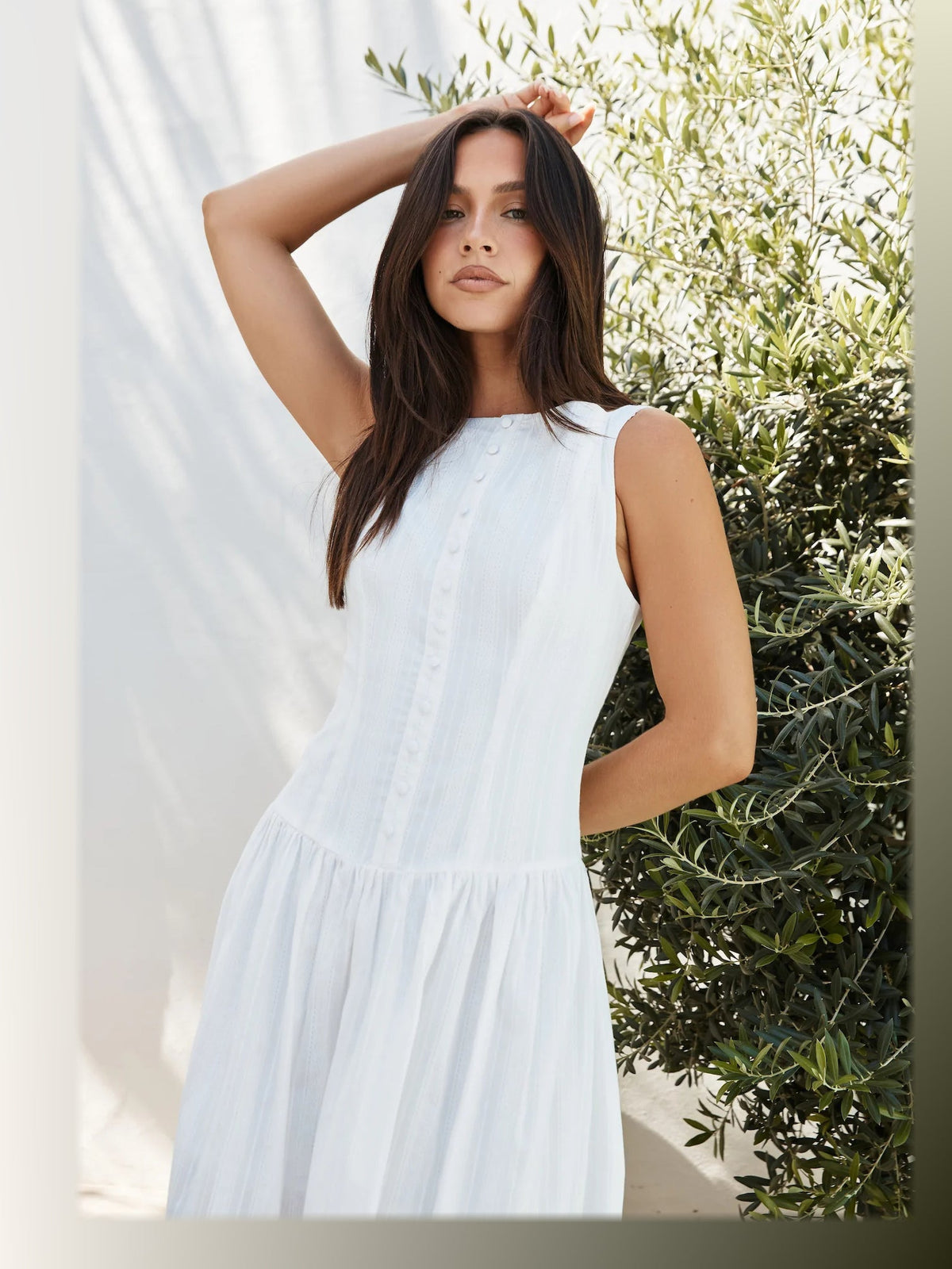 White midi formal dress, alternate full-length view showing the overall shape