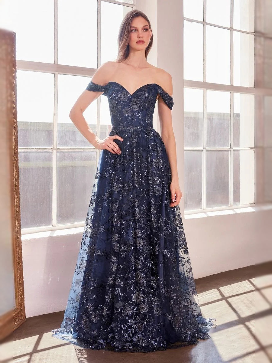 Navy blue sequin floral off-shoulder sweetheart ball-gown prom dress, floor-length