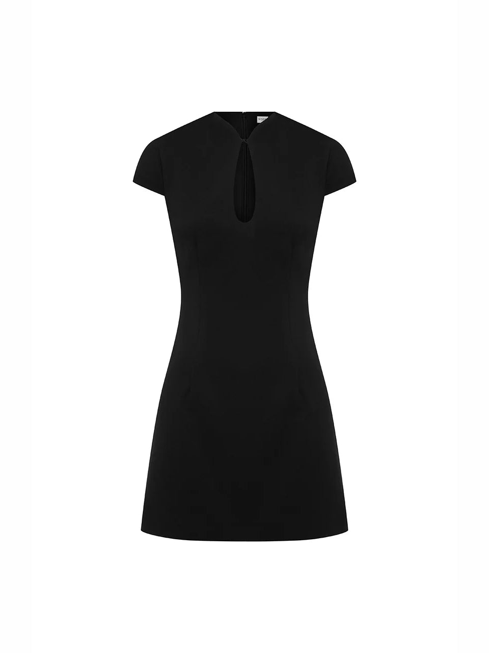 Black fitted mini dress with cap sleeves and teardrop keyhole chest cutout