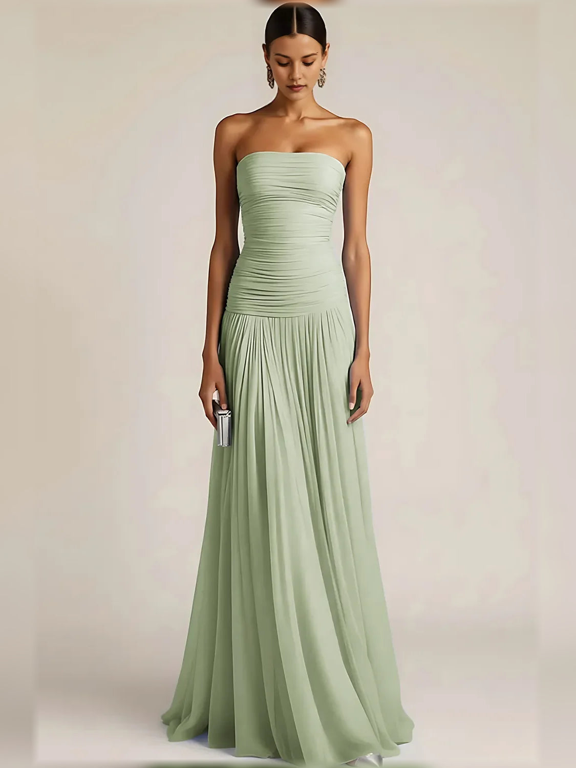 Mint green strapless ruched pleated floor-length formal dress with gathered skirt