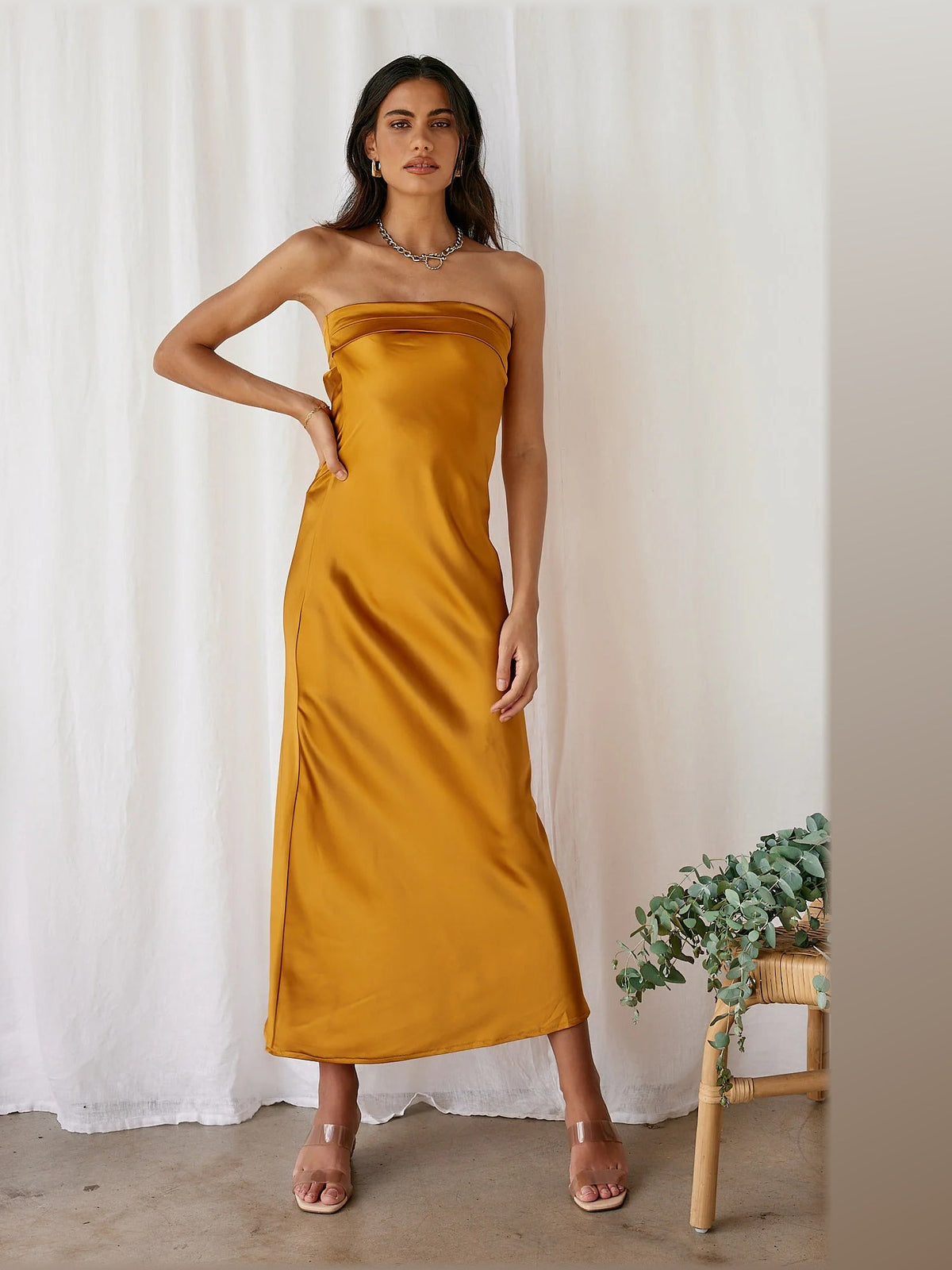 Yellow midi formal dress, alternate full-length view showing the overall shape