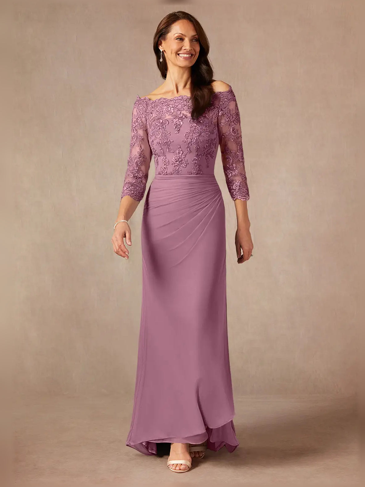Vintage mauve off-shoulder ruched maxi dress with lace 3/4 sleeves and draped skirt